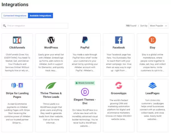 A clip of AWeber email marketing software integrations
