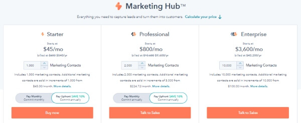 Pricing for Hubspot email marketing services