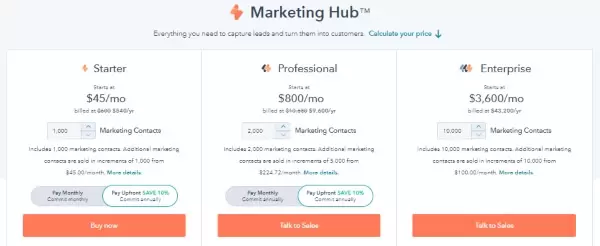Pricing for Hubspot CRM with email marketing services