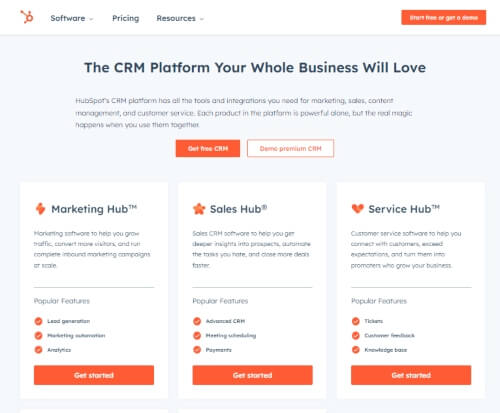 Hubspot Homepage - rated one of the marketing software for small businesses