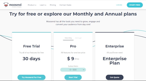 Moosend email platform pricing