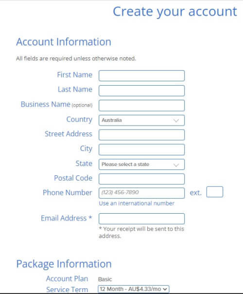 A Bluehost WordPress Tutorial on choosing and signing up on the registration page.