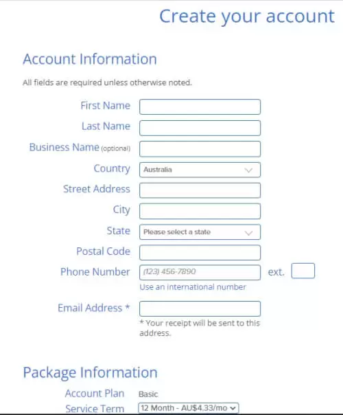 A Bluehost WordPress Tutorial on choosing and signing up on the registration page.