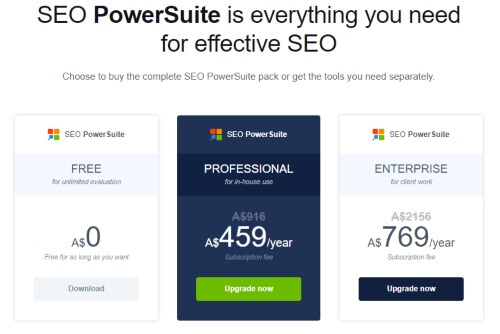 SEO Powersuite pricing table - a cheap serp tracking tool