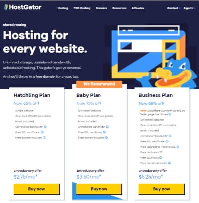 Hostgator pricing - plenty of low cost blog hosting options.