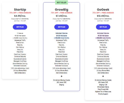 SiteGround pricing table - Rated one the top blog hosting sites