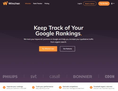 Wincher homepage - a tool for monitoring search engine ranking