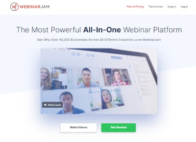 WebinarJam home page. One of the top webinar streaming software