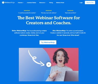 Webinarninja home page. Rated the best automated webinar software.