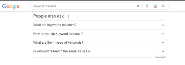 A google search example of a term keyword research and what was displayed under people also asked. A key argument as to why keyword research is so important for SEO.