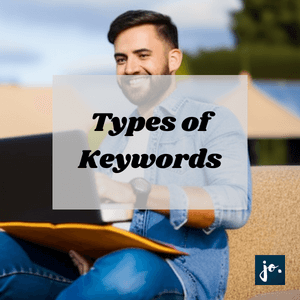 A happy blogger with an overlay text types of keywords. This is leading to how to do keyword research.