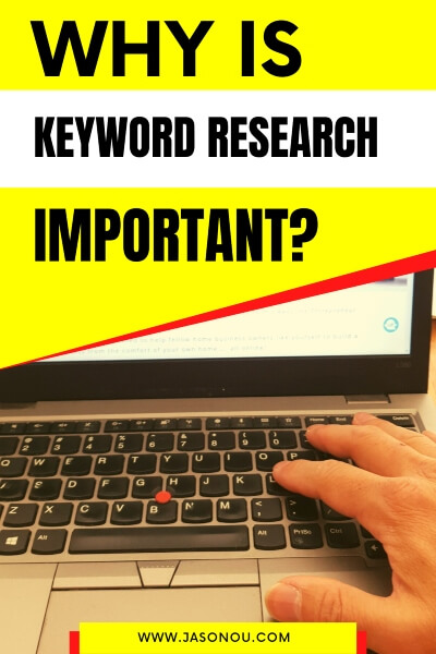Blogger blogging and there's an overlay text saying why keyword research is important.