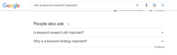 An example of a People Also Asked search for a keyword for why keyword research is important.