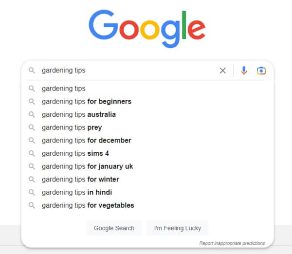 Google search phrase example for gardening. An example of why keyword research is important for SEO.
