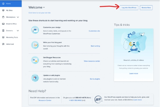 Login to WordPress on Bluehost to start blogging.