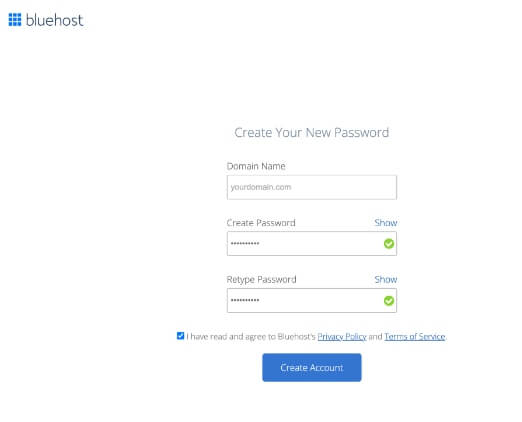 Creating Bluehost account and password.