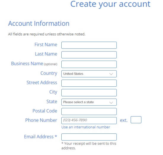 Bluehost account details to be filled in.