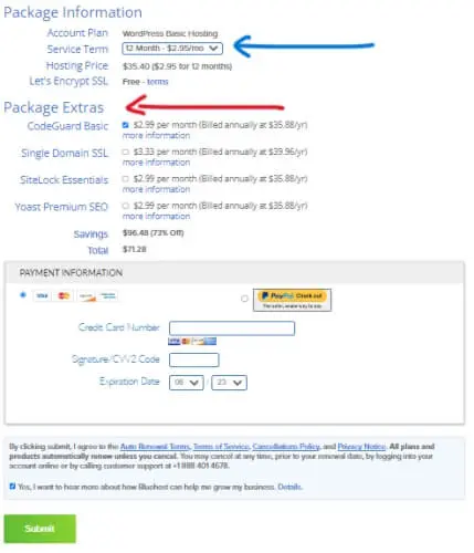 Bluehost package extras and payment details to start a blog for beginners.