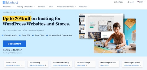 Bluehost home page for starting a graphic design WordPress blog