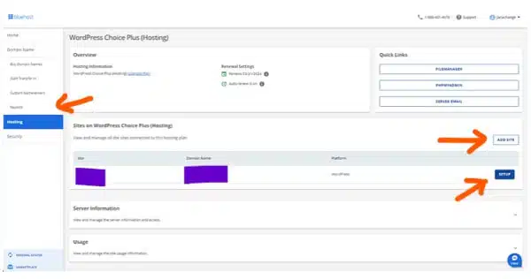 Bluehost control panel. Showing how to install WordPress on Bluehost.