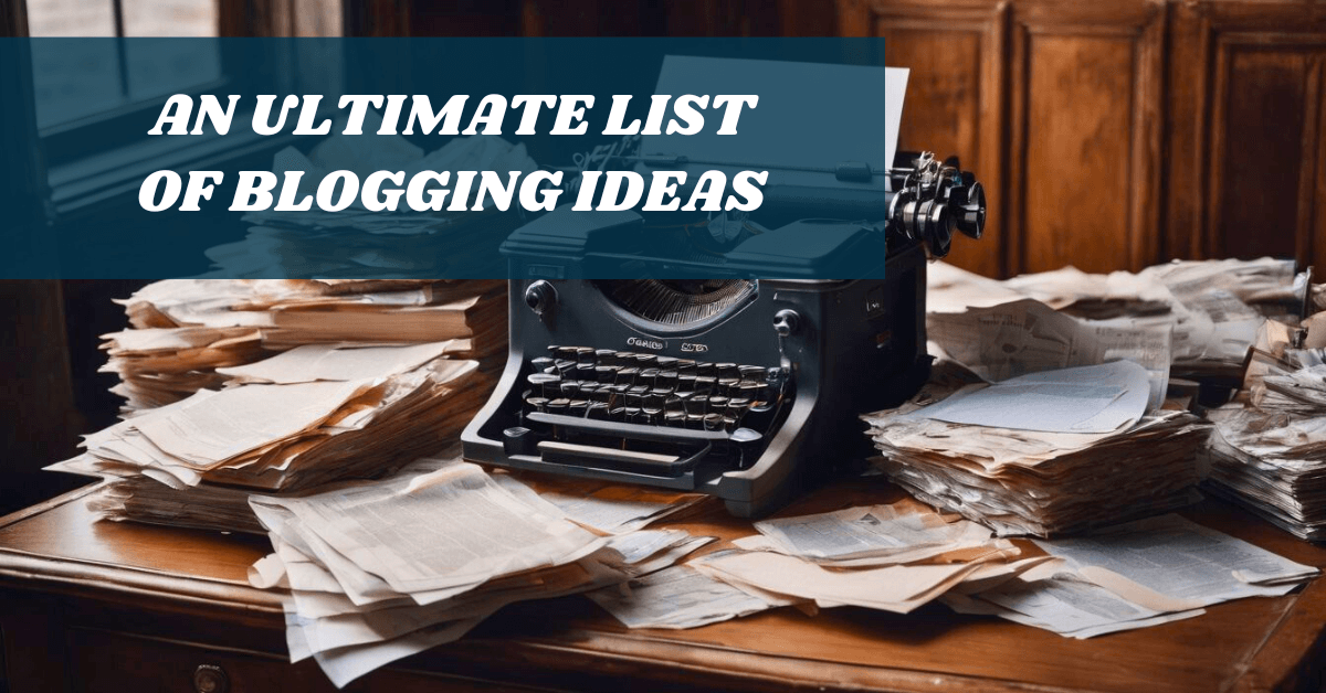 Blog features image on the topic of blogging ideas for beginners. A vintage typewriter surrounded by crumpled papers in a bustling cityscape.