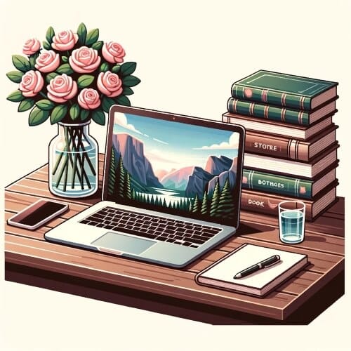 Digital image of a blogger's desk at home.