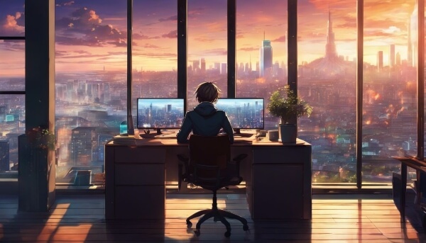 A digital art of a blogger blogging with a panoramic view of a city skyline.