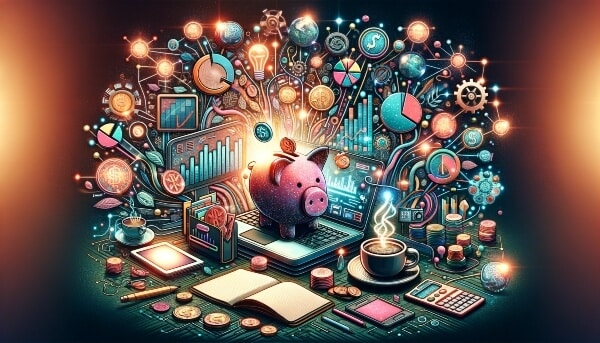 Digital image of a piggy bank, laptop and more representing the cost of running a blog as a side hustle from home.
