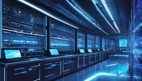 A fictional digital art of Bluehost hosting server room..