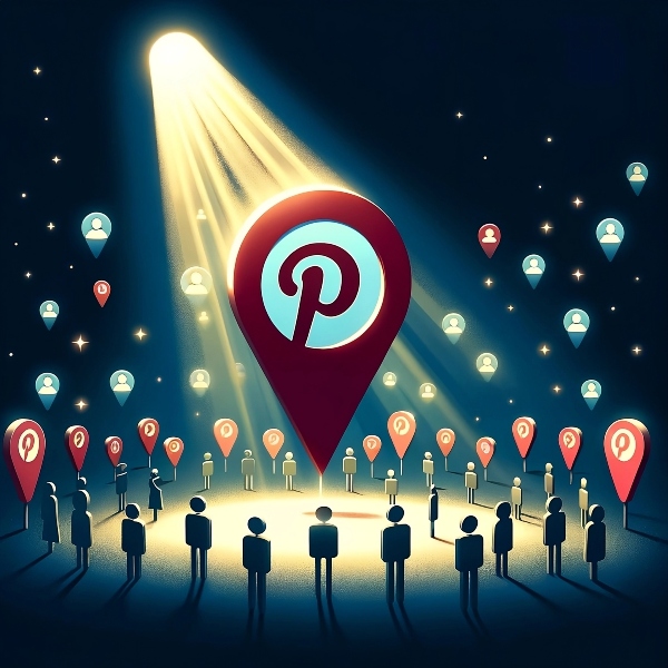 An illustration showing a spotlight shining down on a group of pins, making them stand out against a dark background.  This is depicting on how to get traffic from Pinterest.