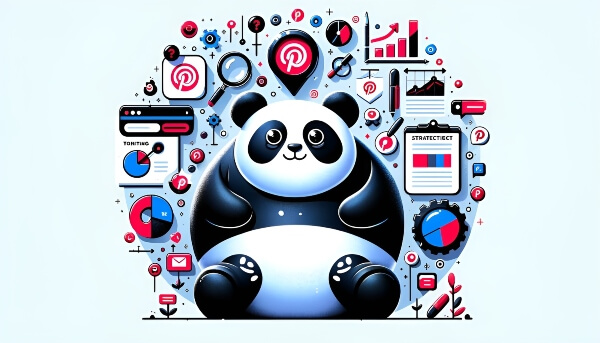 The panda is surrounded by abstract symbols representing tools and strategies for Pinterest blog traffic growth, like magnifying glasses, charts, and pin icons, all without any specific text or numbers. 