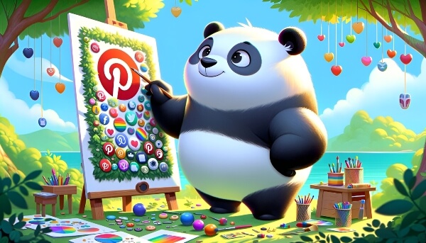 A chubby panda interacting with vibrant and attractive Pinterest pins so to increase blog traffic with Pinterest.