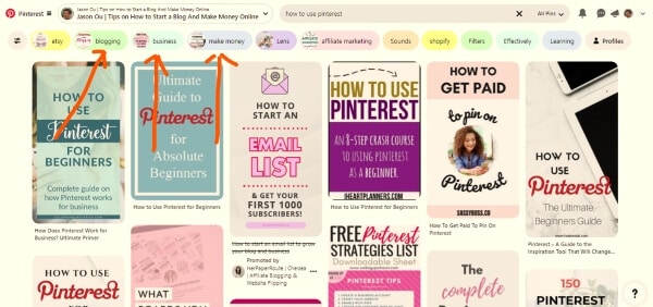 Screenshot of Pinterest keyword research using the bubbles below the search bar.