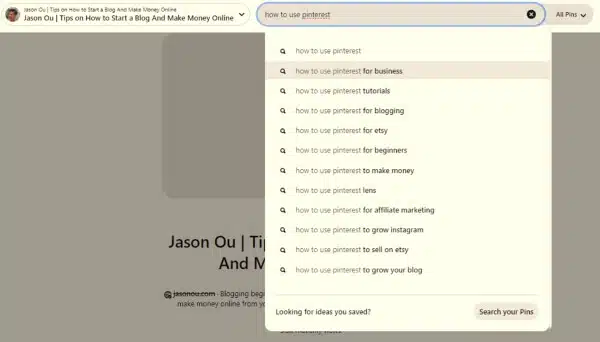 Screenshot of Pinterest search bar. Showing how to find keywords for Pinterest.