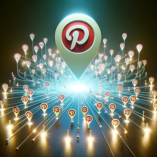 An image representing 'Importance of Pinterest for Blog Traffic'. Picture a large, glowing blog icon at the center, with multiple Pinterest pins pointing towards it from all directions. 