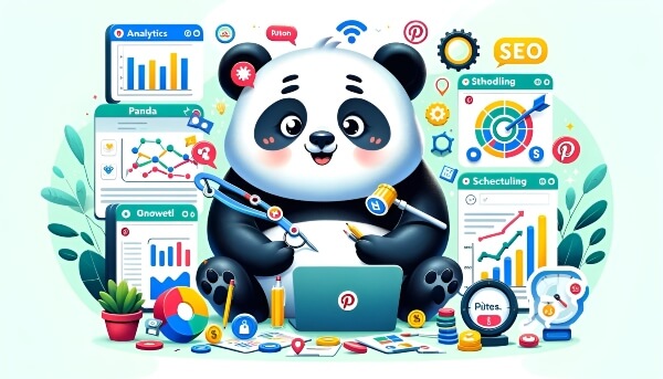 A chubby panda interacting with various tools like analytics graphs, scheduling icons, and SEO symbols, representing different strategies for Pinterest blog traffic growth.