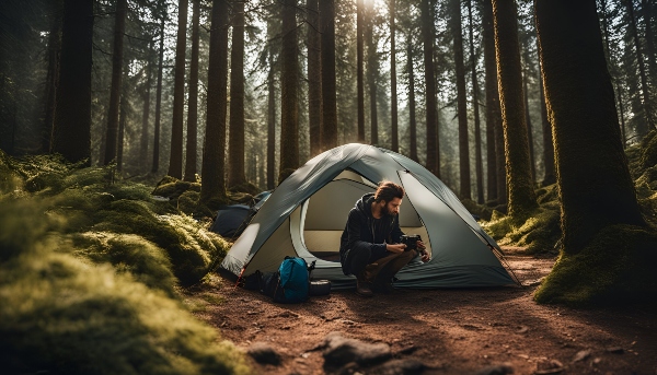 A traveler setting up a campsite in a scenic forest.