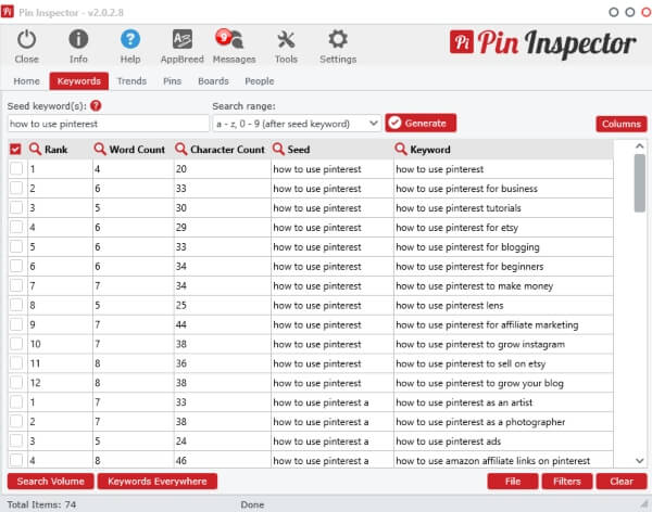 Screenshot 2 of Pin Inspector. Great Pinterest keyword research tool.