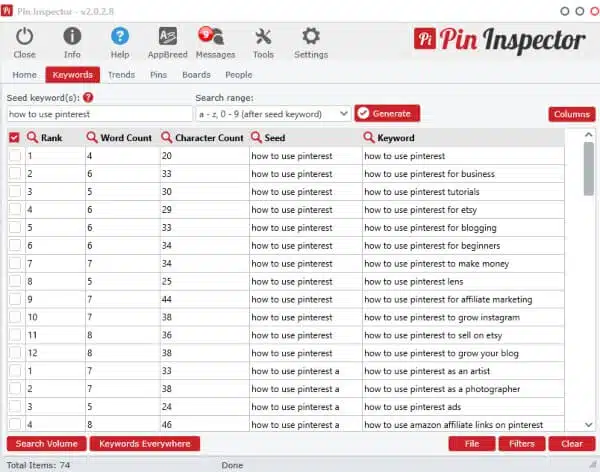 Screenshot 2 of Pin Inspector. Great Pinterest keyword research tool.