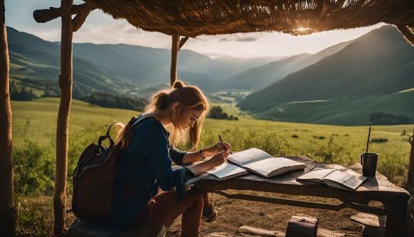 A traveler journaling in a peaceful countryside setting with different people.