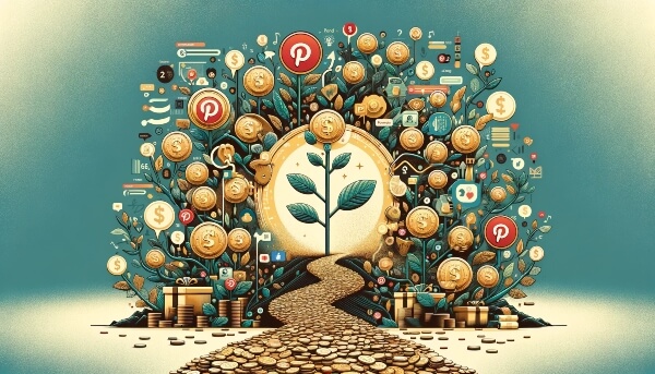 Digital are of a path of gold coins symbolizing how to monetize Pinterest and leading to blooming plant. 