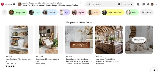 Pinterest search bar for finding keywords.