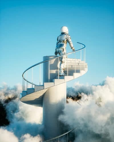 A spaceman climbing up the stairs above the clouds. This is symbolizing how to make money blogging on Pinterest.