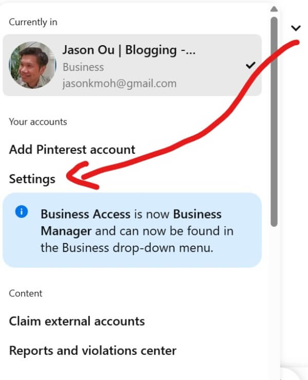 Pinterest settings page. Part of a Pinterest marketing strategy.