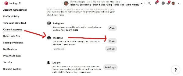 Claiming a website or social link on Pinterest. An important marketing strategy.
