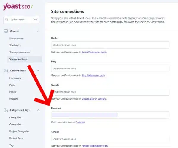 Yoast plugin dashboard for claiming a website or blog on Pinterest