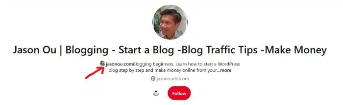 Example of claiming a website on Pinterest and the benefits of having a link on a Pinterest profile. 