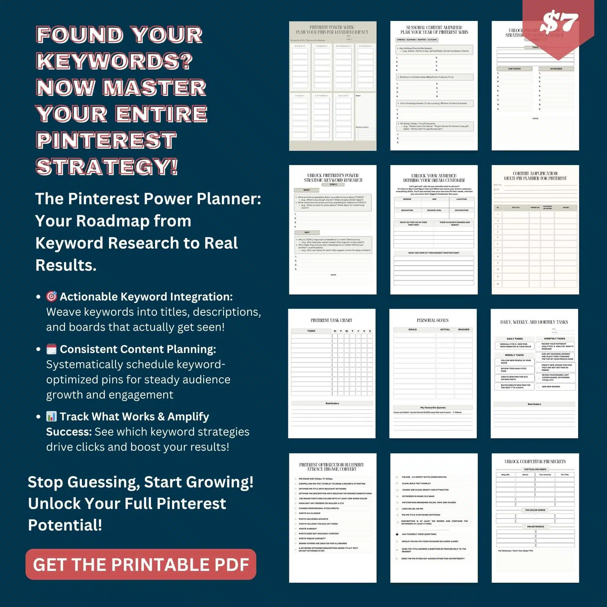 Banner promoting a Pinterest planner that helps pinterest bloggers to use their keywords effectively on Pinterest.