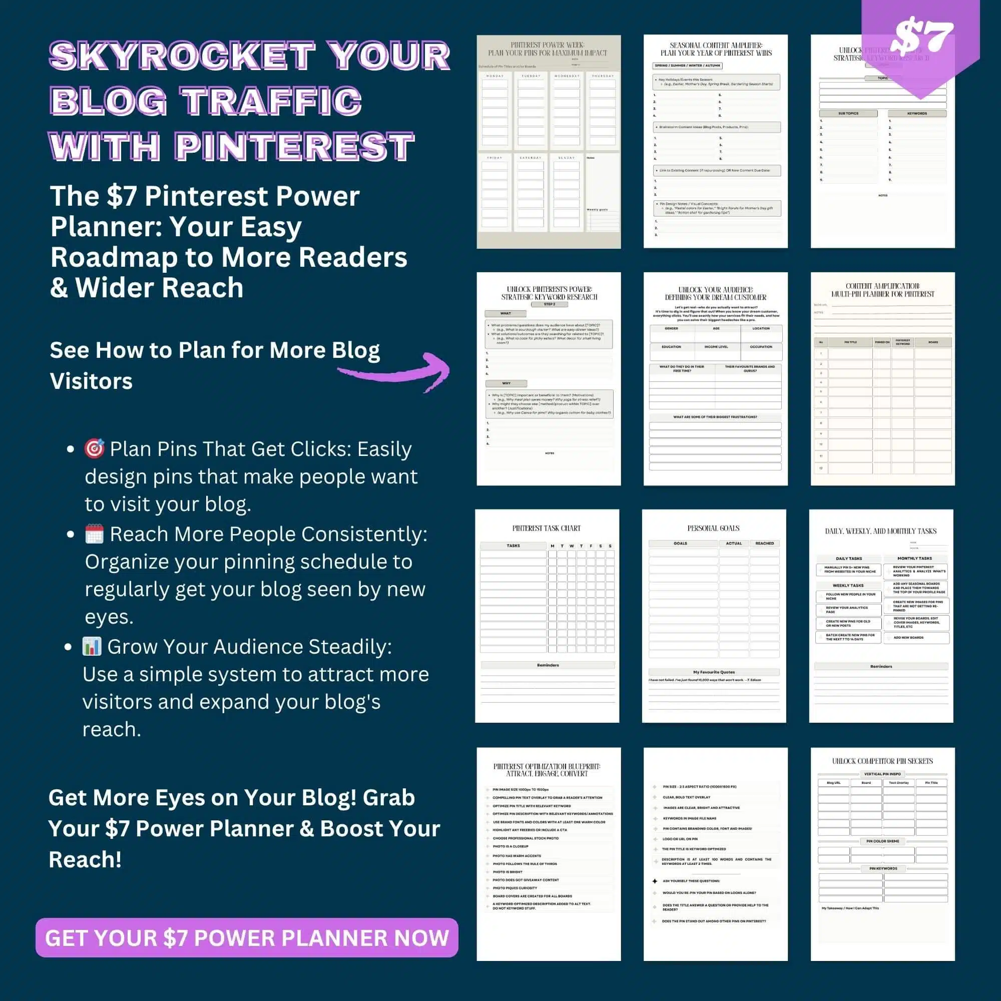 A banner about the $7 Pinterest Power Planner to help you drive traffic to your blog from Pinterest.