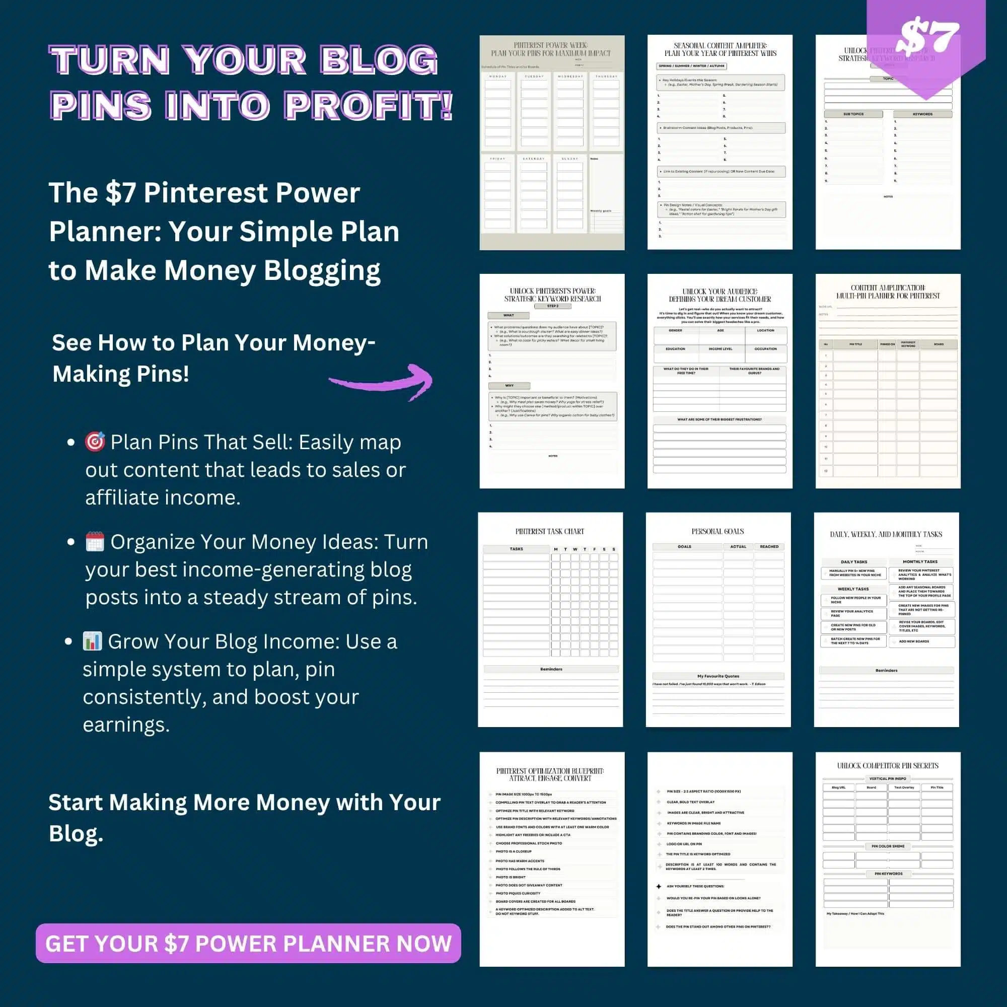 A banner about the $7 Pinterest Power Planner to turn pins into a money making blog.